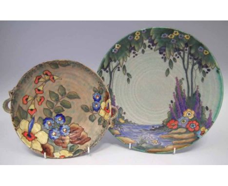 Two Crown Devon dishes  tube lined with floral Art Deco patterns, printed marks to bases, (2) the largest piece measures 30cm