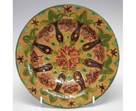 Della Robbia bowl,   incised by Harry Fletcher or John Fogo and painted by Liz Wilkins with stylised floral devices, incised 