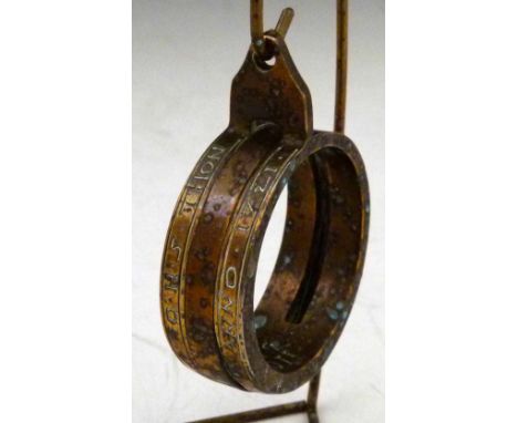 Brass portable sundial ring after Johannes Thon, inscribed IO · H · S ·THON · ANNO · 1721 and the initial letters of the mont