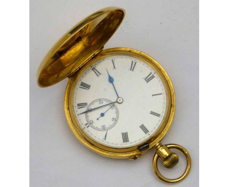 18ct gold cased hunter pocket watch, case London 1915, white enamel Roman dial, subsidiary seconds, case 50mm engraved with a