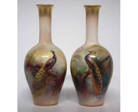 Pair of Royal Worcester vases   decorated with peacocks, one with indistinct signature (probably J.Flaxman)  puce printed 249
