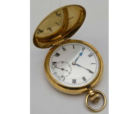 9ct gold hunter pocket watch, case London 1929, white enamel Roman dial, subsidiary seconds, plain case 50mm with gold bow, S