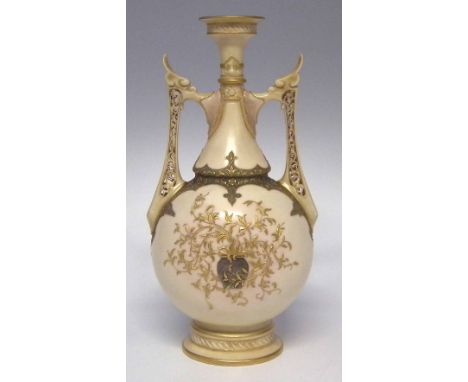 Royal Worcester Persian style twin handled vase  decorated with raised paste gilded leaf work, shape 1071, date code for 1888