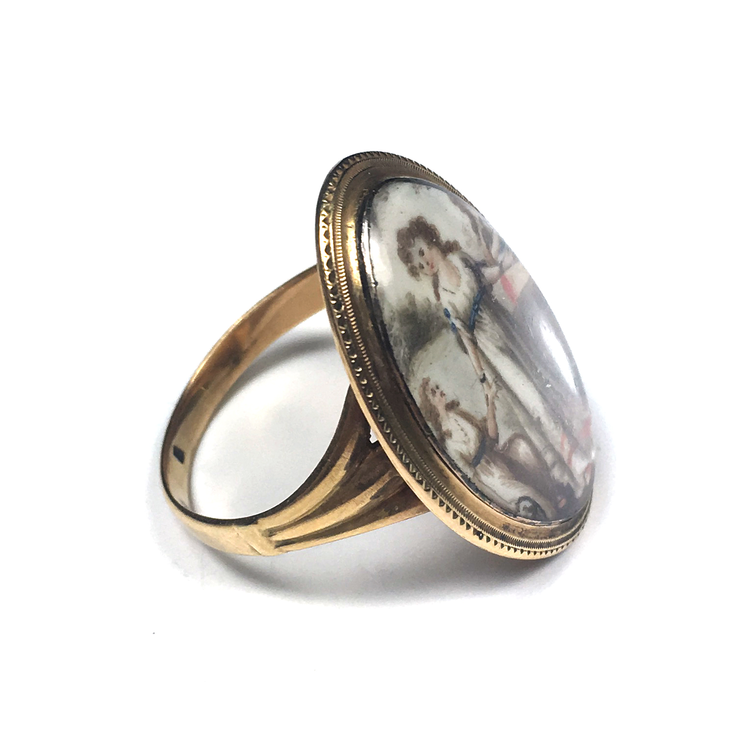 An antique late Georgian portrait miniature ring in high carat yellow ...