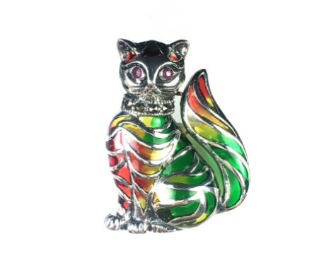 A novelty plique-a-jour enamel cat brooch in Sterling Silver, designed as a seated cat, its body highlighted in orange, yello