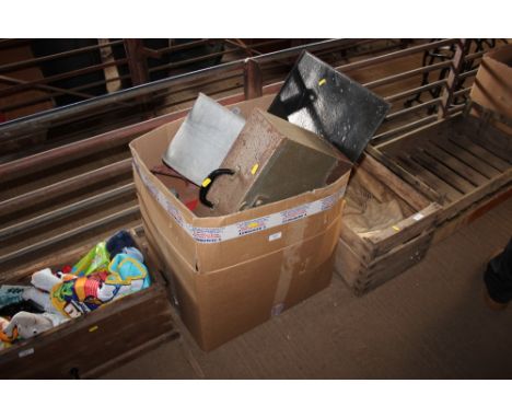 A box containing various sundry items to include galvanised mop bucket, petrol cans, Meccano and a pair of roller blades