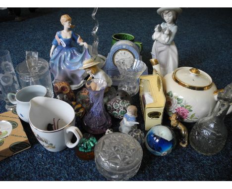 A lot to include Isle of Wight glass paperweight, Buchan cup, Wedgwood Jasper ware clock, Royal Dolton figure Elizabeth and G