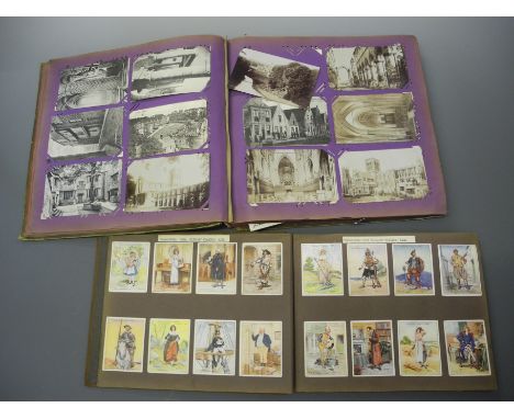 An early 20th Century postcard album with assorted subjects including topographical, portrait, postcard sets etc, cigarette c