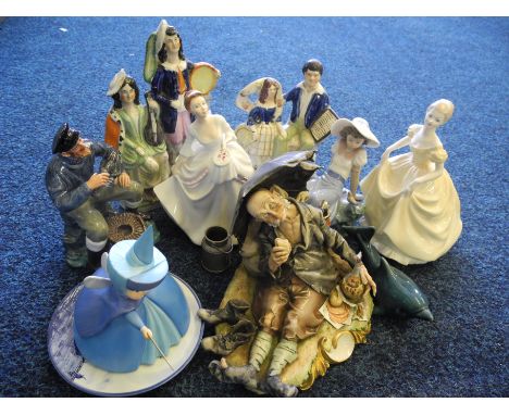 A lot to include two Royal Dolton figures Carol and The Lobster Man, Coalport Ladies of Fashion Emily, capo de monte tramp fi
