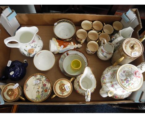 A selection of porcelain, teapot, jugs, Royal Worcester figure, Wedgwood, Dresden, Spode etc.