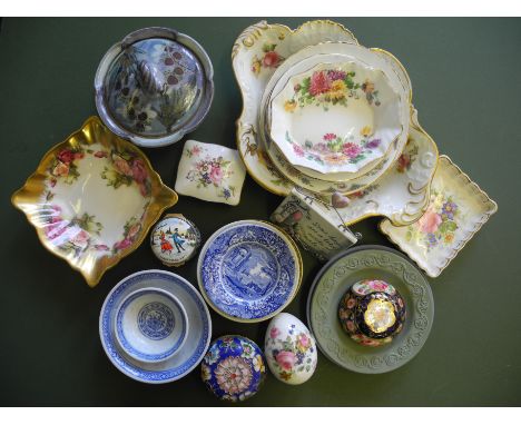 A lot to include two Wedgwood Jasper ware dishes, Bilston enamel pot, cloisonné lidded box, twin handled lidded bowl assorted
