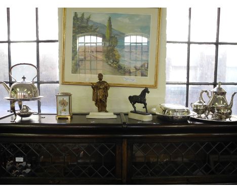 Carriage clock, plated ware, figure of a horse, and figure of a Roman,