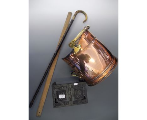  Copper coal bin, walking stick, metal trivet, long rule.