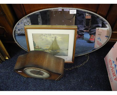Smiths oak mantel clock, small print, and an oval mirror.