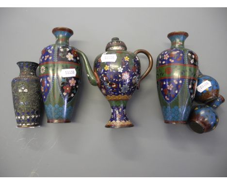 A group of assorted 20th Century Oriental cloisonne enamel items to include; pair of floral design vases, pair of miniature f
