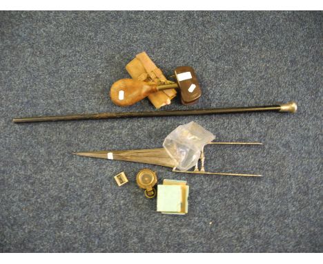 A selection of mixed items to include, walking stick, dagger, powder flask, light meter and compass etc.