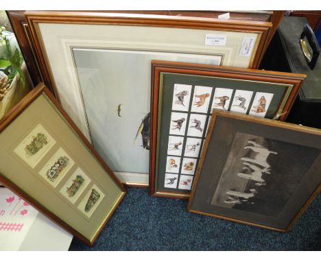 Three framed and glazed cigarette cards, one Spitfire print, and a print of some dogs.