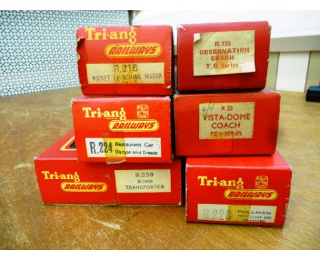 6 BOXED TRIANG 00 GAUGE - R.216 ROCKET LAUNCHING WAGON, R.239 BOMB TRANSPORTER, R. 228 PULLMAN FIRST CLASS, R.224 RESTAURANT 