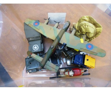 BOX OF ASSORTED TOYS INCLUDING PLANE ON STAND, CORGI F1 CAR, SOLIDO JEEP, ROCKING HORSE ETC