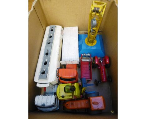 BOX OF ASSORTED DINKY TOYS INCLUDING ESSO TANKER, FORKLIFT, CRANE, STEAM ROLLER ETC