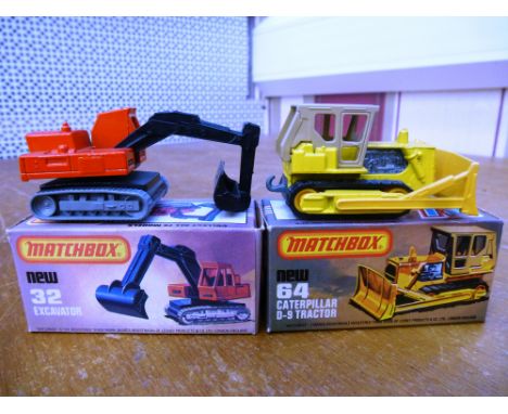 2 BOXED MATCHBOX VEHICLES - NO. 32 EXCAVATOR AND NO. 64 CATERPILLAR D-9 TRACTOR