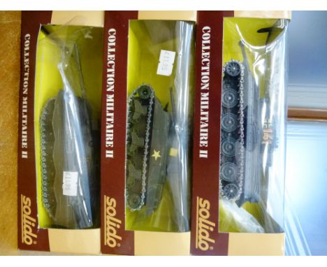 3 BOXED SOLIDO TANKS - NO. 6053 SHERMAN, NO. 6063 TIGRE AMD MO. 6055 LEOPARD