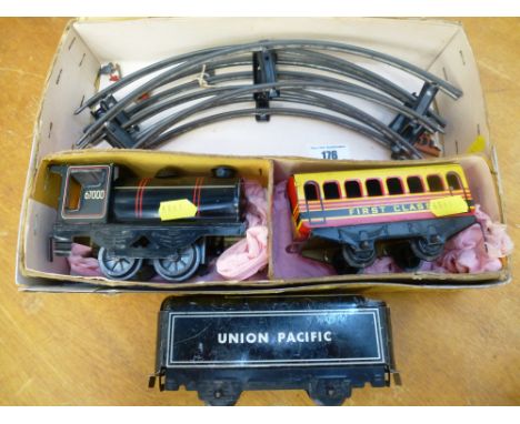 BRIMTOY 0 GAUGE TRAIN SET AND A MARX UNION PACIFIC WAGON 0 GAUGE