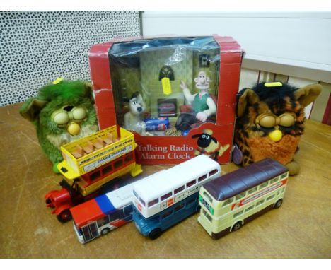 WALLACE AND GROMIT TALKING RADIO ALARM CLOCK, 2 FURBIES AND 4 CORGI BUSES