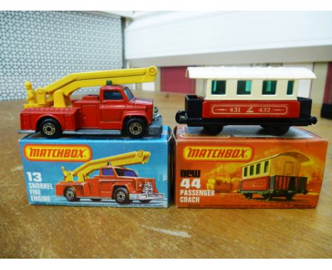 2 BOXED MATCHBOX VEHICLES - NO. 13 SNORKEL FIRE ENGINE AND NO. 44 PASSENGER COACH