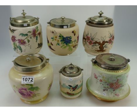 A collection of Biscuit barrels with silver plated lids by FWC, Carlton etc (floral decoration) (6)