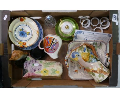 A mixed collection of items to include Sefton Gibson's embossed parrot jug, Masons patterned sandwich plate, ceramic wall poc