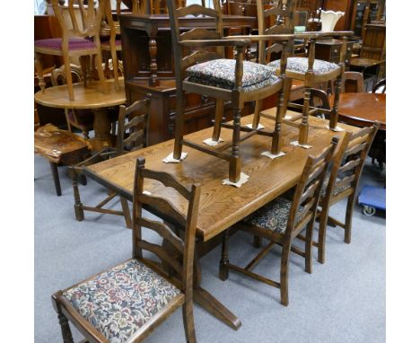 Oak refractory dinning table and 6 ladder back chairs including 2 carvers (7)