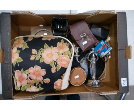 A mixed collection of items to include camera equipment, silver plated candelabra, decorative handbag etc 