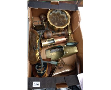 A mixed collection of metal ware items to include miners lamp, ships plaque, etc