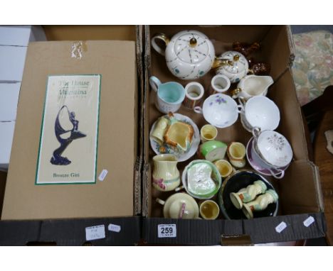 A mixed collection of items to include The House of Valentina boxed bronzed figure, novelty ceramic items, Princess Anne deco