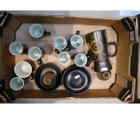 A collection of a Denby arabesque coffee set to include side plates, coffee pot, sugar bowl and cups etc