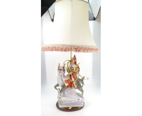 Large Oriental style table lamp with figure riding dragon including shade (height 94cm)