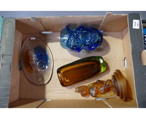 A mixed collection of art glass items to include Bohemian brown and green vase, similar fruit bowl, large blue heavy unmarked