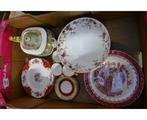 A mixed collection of dinner ware to include Spode Y7706 teapot, Spode Oaklea coffee cans and saucers, Paragon Rockingham pat