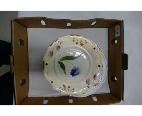 A collection of early pottery plates including 19th century floral plate, Mintons gilded bird plate, Royal Worcester, Shelley