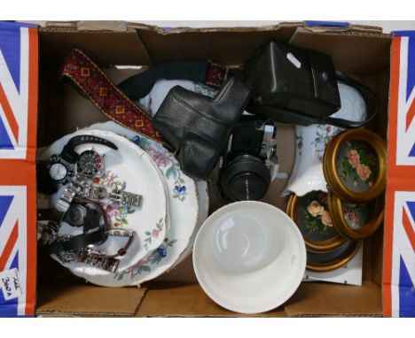 A mixed collection of items to include camera equipment, Modern wristwatches to include Sekonda and Casio, Aynsley Pembroke c
