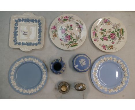 A mixed collection of items to include Wedgwood Queensware plates, Jasperware trinket box and jug, Silver plated glass inkwel