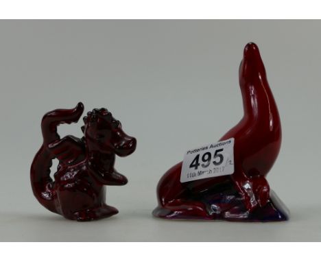 Unmarked flambe figure of Dragon together with similar Poole Pottery Flambe Seal (2)