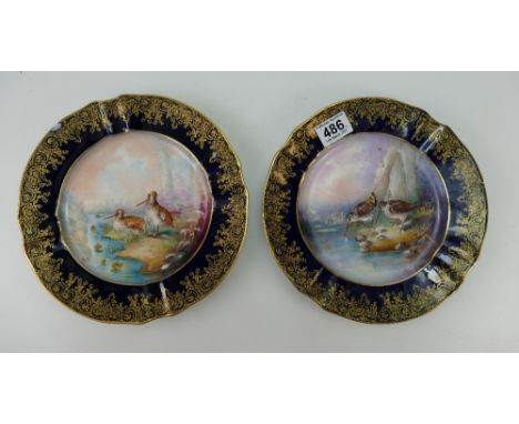 Pair Salviati & co plates hand painted with Game birds signed by Biff, Erede Venezia to back stamp, diameter 24 cm (one has p