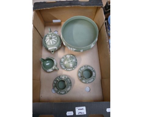 A good collection of Wedgwood sage green items to include large footed bowl, small teapot, cream jug, coffee cans with saucer