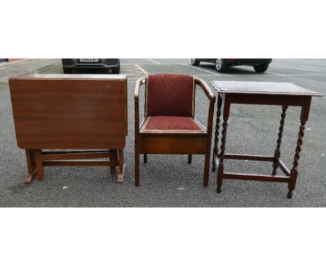 Small pie crust topped barley twist legged occasional table, oak drop leaf table and cupboard commode (3)