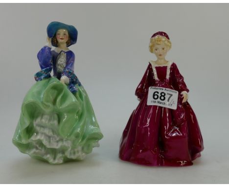 Royal Doulton lady figures Top o the Hill (green colourway) HN1833 together with Royal Worcester figure Grandmothers Dress (2