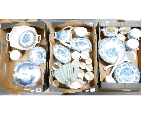 A large collection of Johnsons ironstone tea and dinnerware in the Old Britain castles design to include cups, saucers, turee