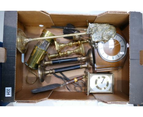 A mixed collection of metalware items to include miners lamp, candlesticks, fireside set, mantle clocks, etc 