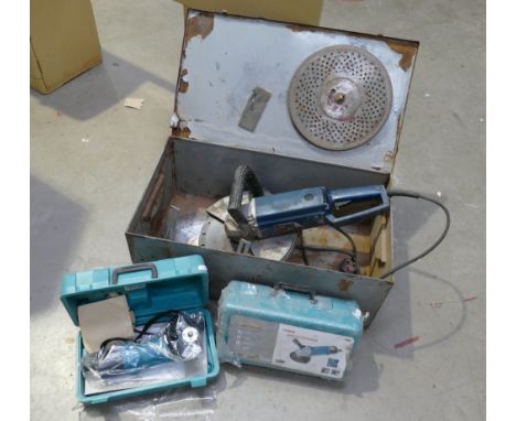 Electrical tools to include a large Ryobi 14" concrete cutter and 2 unused Boschmann angle grinders with metal tool box (4) 